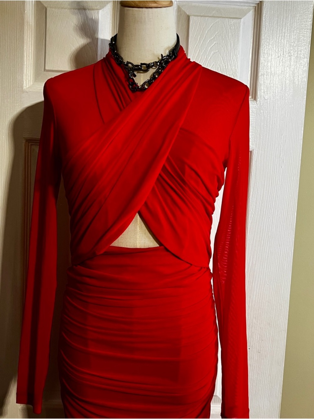New Bardot Wms Aliyah Fire Red Sheer Ruched Crisscross L/S Coquette Midi Dress M - Picture 4 of 15